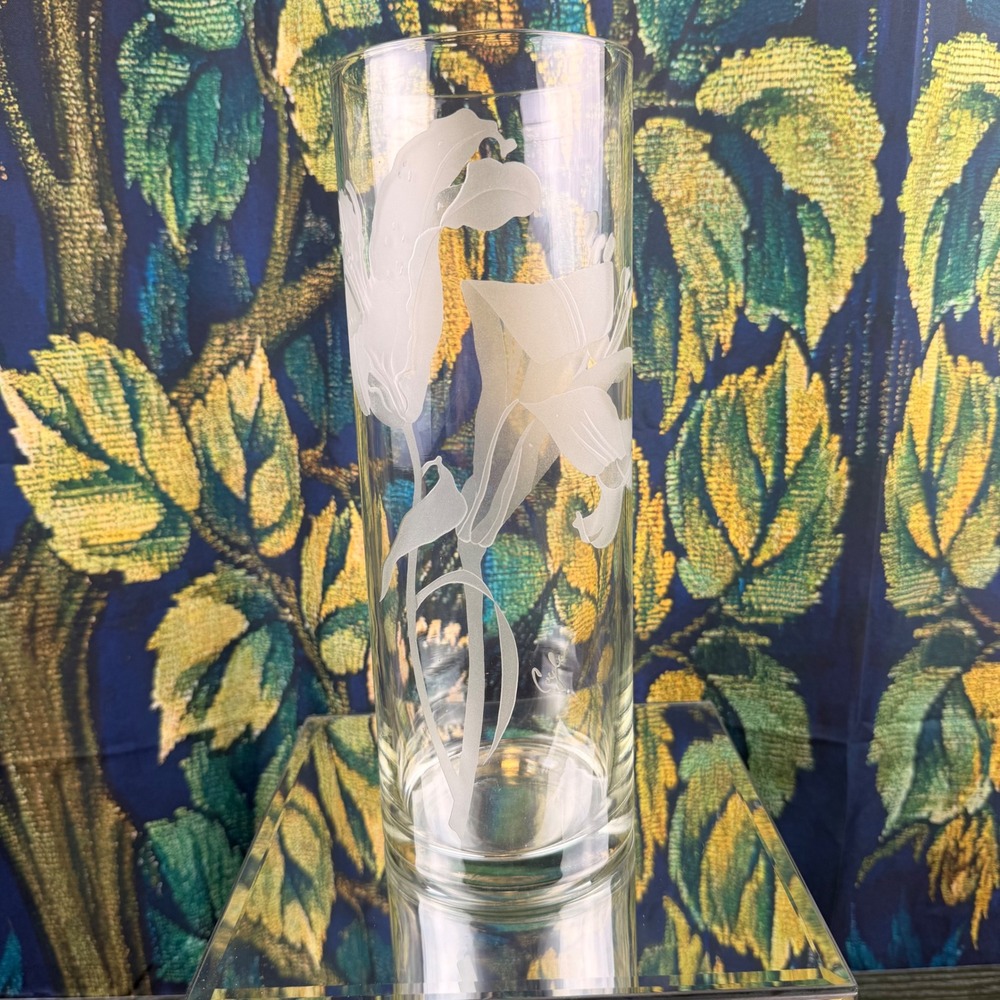 Perry Coyle Signed Hand Etched Frosted Lily Glass Cylinder Vase 11.75 Inch Tall